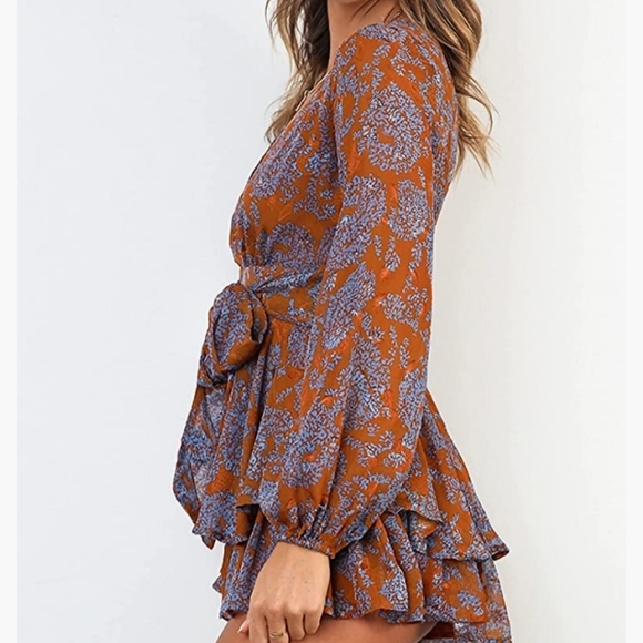 🔥 Women's Jumpsuit Floral Print V Neck Baggy Sleeve Waist Tie Double Layer - Picture 4 of 6